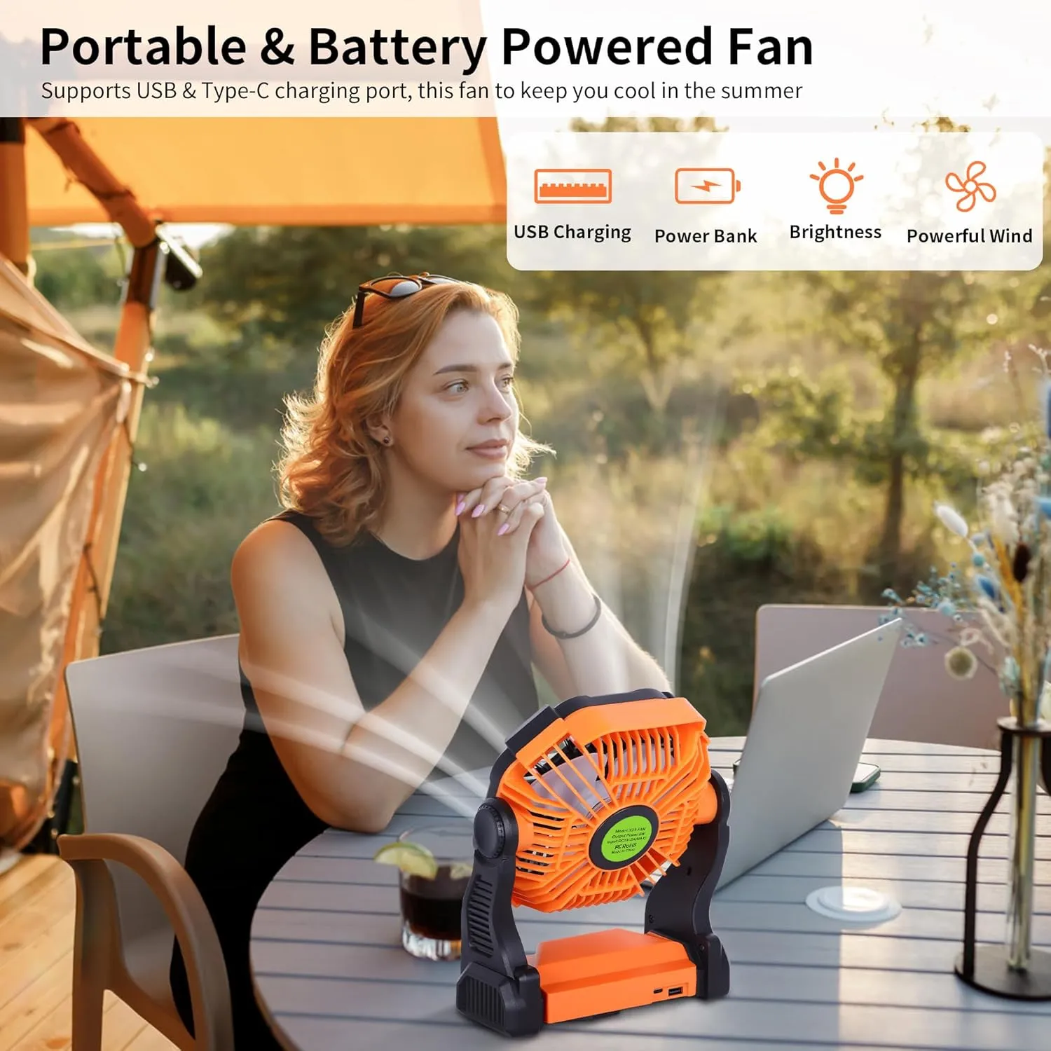 Battery Powered Fan Portable Fan Rechargeable,270°Pivot Battery Operated Fans Camping Fan with LED Light & Hook,USB Personal Rechargeable Outdoor Camping for Tent, Travel