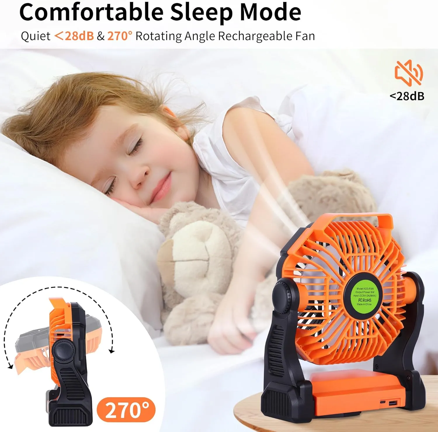 Battery Powered Fan Portable Fan Rechargeable,270°Pivot Battery Operated Fans Camping Fan with LED Light & Hook,USB Personal Rechargeable Outdoor Camping for Tent, Travel