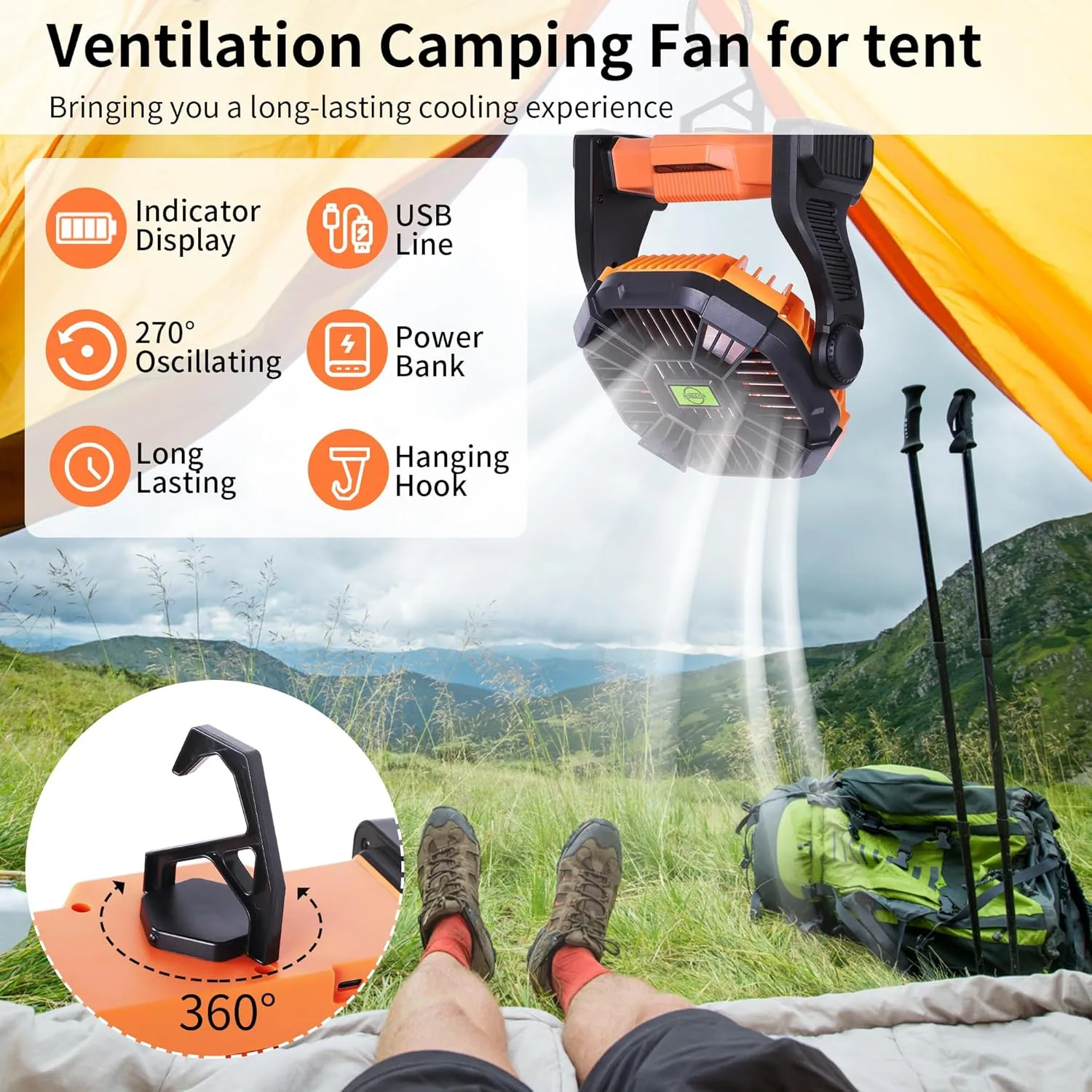 Battery Powered Fan Portable Fan Rechargeable,270°Pivot Battery Operated Fans Camping Fan with LED Light & Hook,USB Personal Rechargeable Outdoor Camping for Tent, Travel