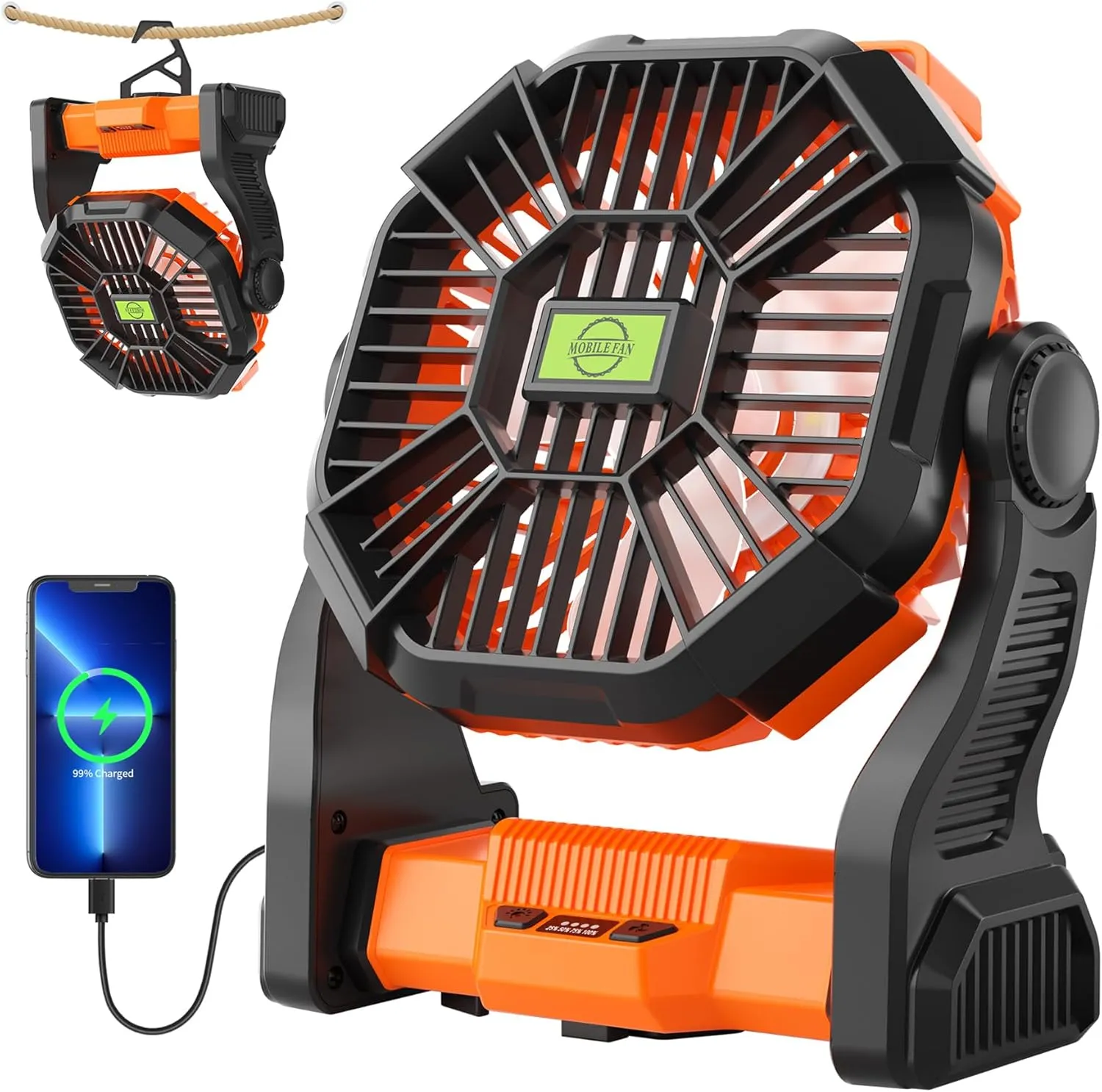 Battery Powered Fan Portable Fan Rechargeable,270°Pivot Battery Operated Fans Camping Fan with LED Light & Hook,USB Personal Rechargeable Outdoor Camping for Tent, Travel