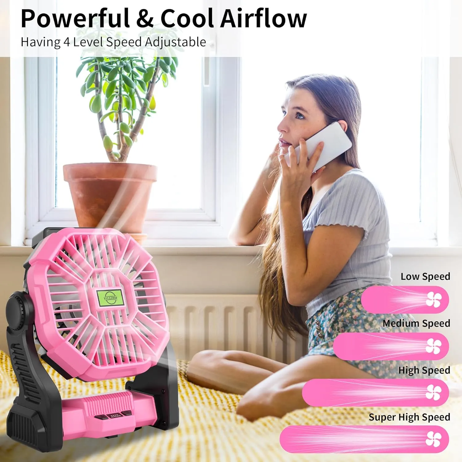 Battery Powered Fan Rechargeable,Cordless Camping Fan with Led Lights & 360°Hook, USB Battery Operated Fans for Women,4 Speeds Tent Portable for Traveling X23 Pink