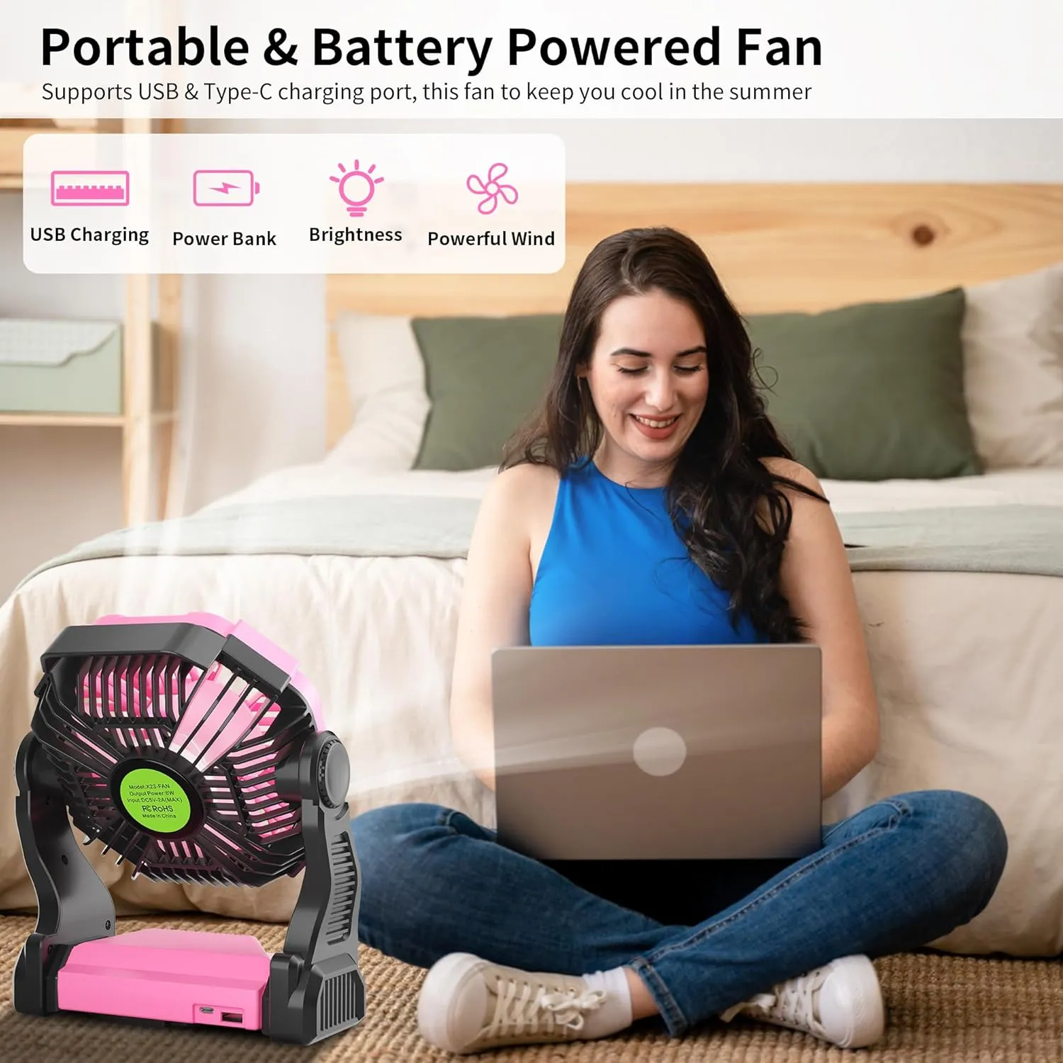 Battery Powered Fan Rechargeable,Cordless Camping Fan with Led Lights & 360°Hook, USB Battery Operated Fans for Women,4 Speeds Tent Portable for Traveling X23 Pink