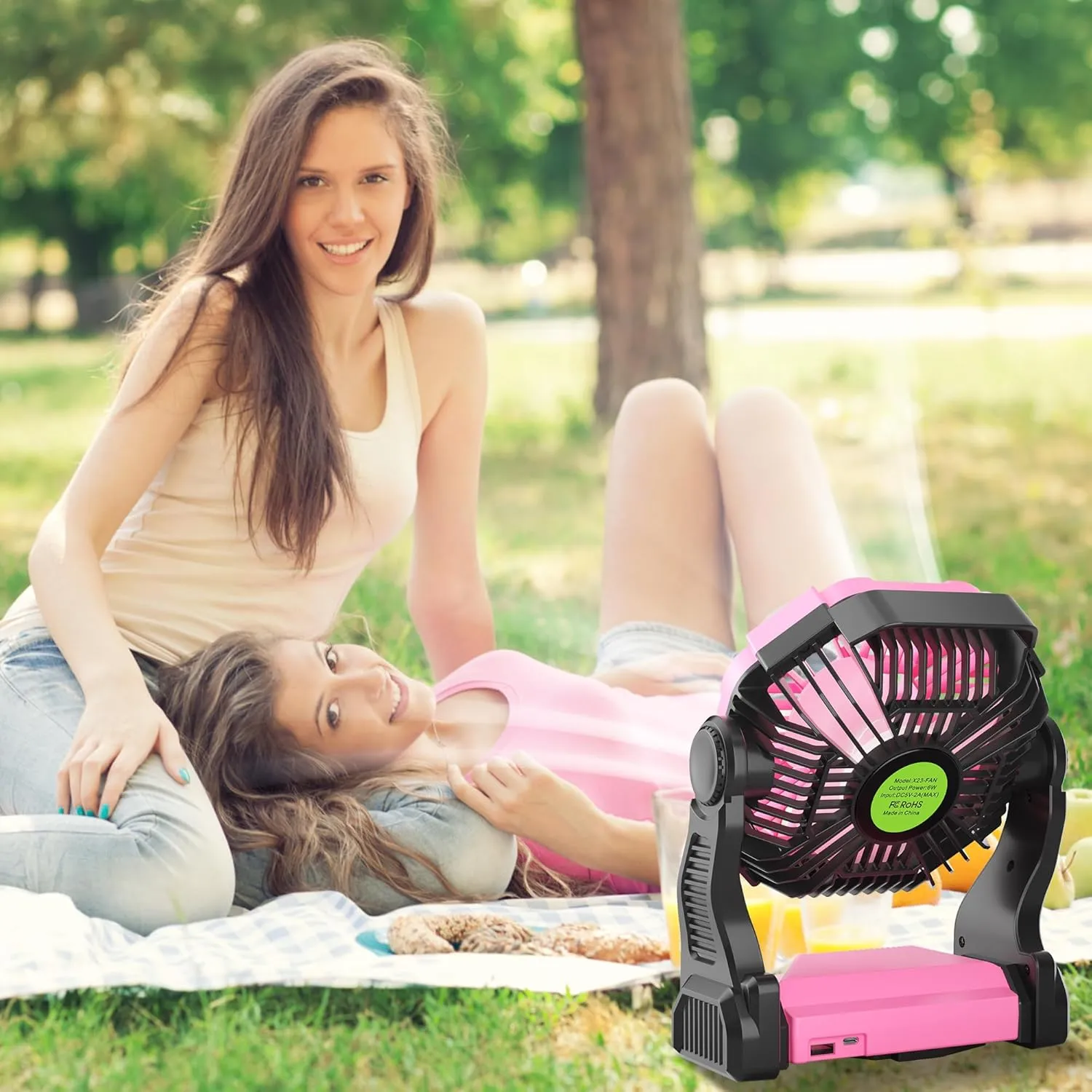 Battery Powered Fan Rechargeable,Cordless Camping Fan with Led Lights & 360°Hook, USB Battery Operated Fans for Women,4 Speeds Tent Portable for Traveling X23 Pink