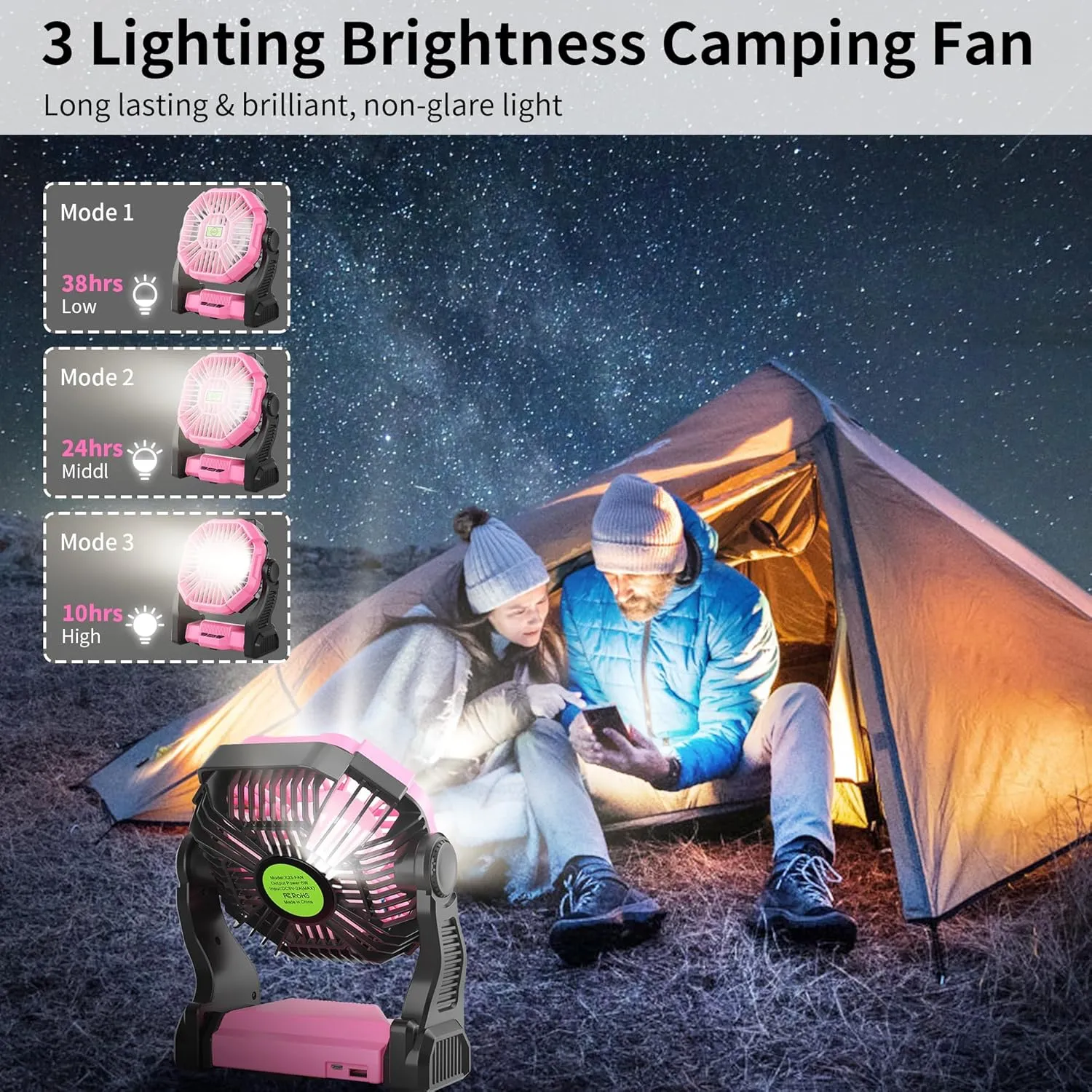 Battery Powered Fan Rechargeable,Cordless Camping Fan with Led Lights & 360°Hook, USB Battery Operated Fans for Women,4 Speeds Tent Portable for Traveling X23 Pink
