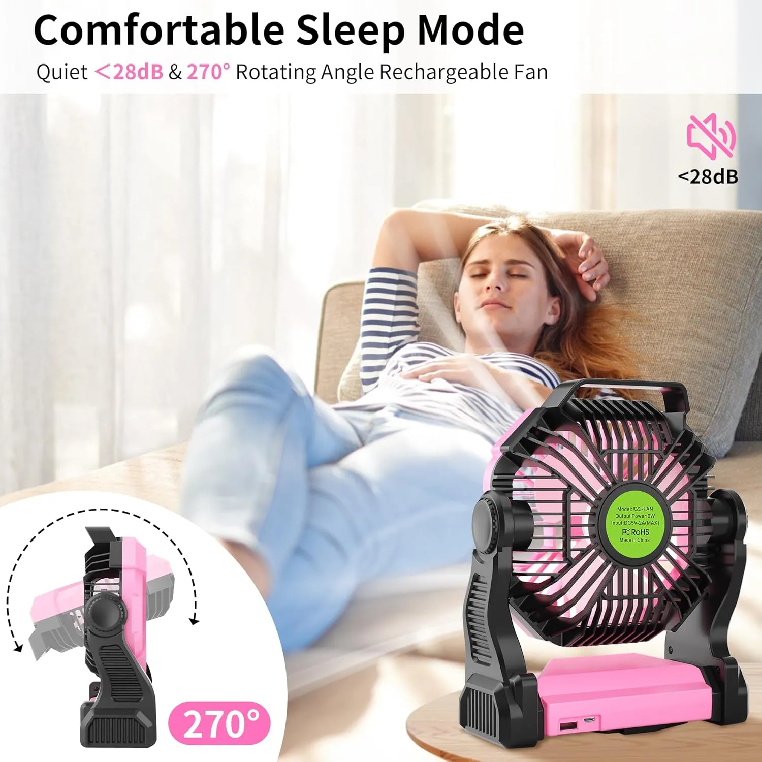 Battery Powered Fan Rechargeable,Cordless Camping Fan with Led Lights & 360°Hook, USB Battery Operated Fans for Women,4 Speeds Tent Portable for Traveling X23 Pink