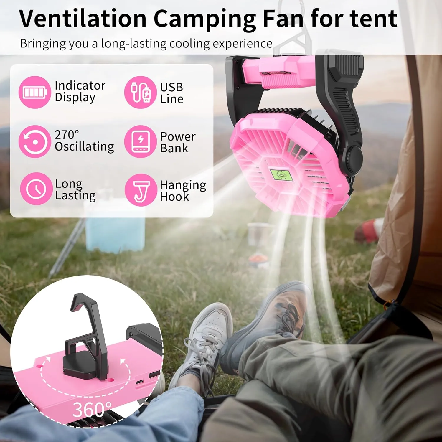 Battery Powered Fan Rechargeable,Cordless Camping Fan with Led Lights & 360°Hook, USB Battery Operated Fans for Women,4 Speeds Tent Portable for Traveling X23 Pink