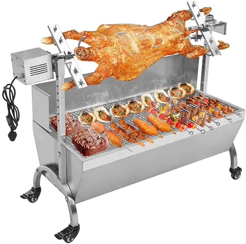 BBQ Rotisserie Grill Charcoal Roast Machine Bearing Lamb Spit Roaster Hog Roasting Machine for Outdoor Picnic Camping Height-Adjustable