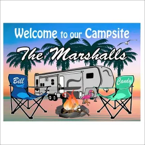 Beach Campground Sign -Campfire with Red Camping Chairs and 5th Wheel Sign (10 x 14 inch)