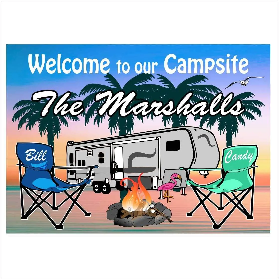Beach Campground Sign -Campfire with Red Camping Chairs and 5th Wheel Sign (10 x 14 inch)