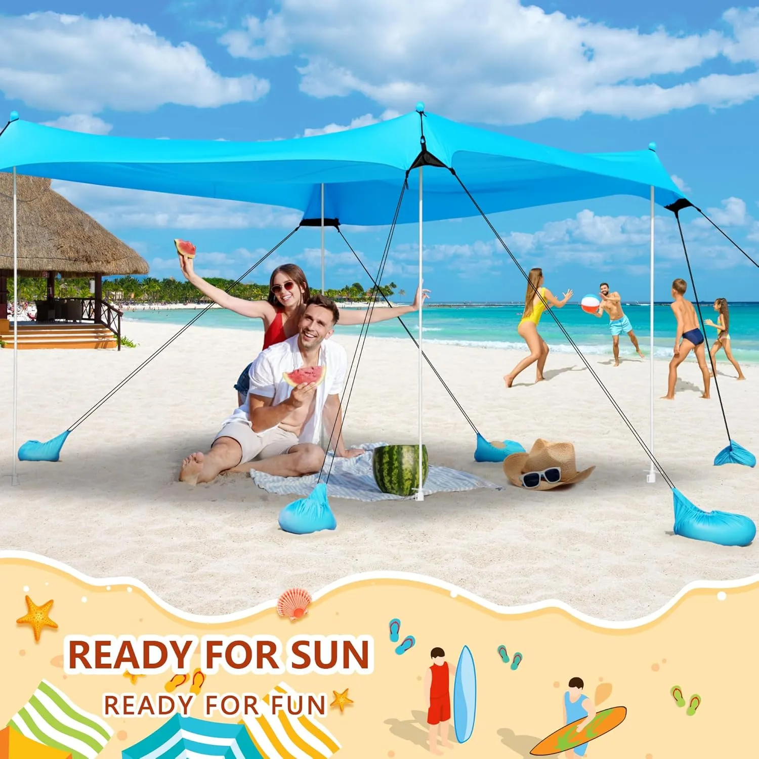 Beach Canopy Tent Sun Shade - Uboway UPF50  Protection Sun Shelter with 4-8 Sandbags, Includes Stability Poles and Big Ground Pegs, Toldo de Playa 10X10FT, Pop Up Tent for Beach or Camping, Blue