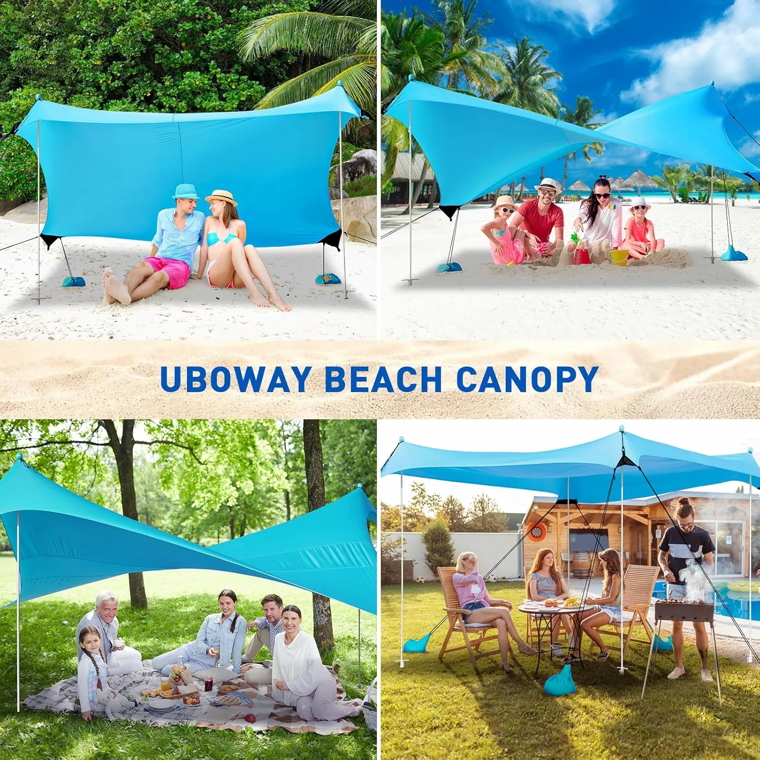 Beach Canopy Tent Sun Shade - Uboway UPF50  Protection Sun Shelter with 4-8 Sandbags, Includes Stability Poles and Big Ground Pegs, Toldo de Playa 10X10FT, Pop Up Tent for Beach or Camping, Blue