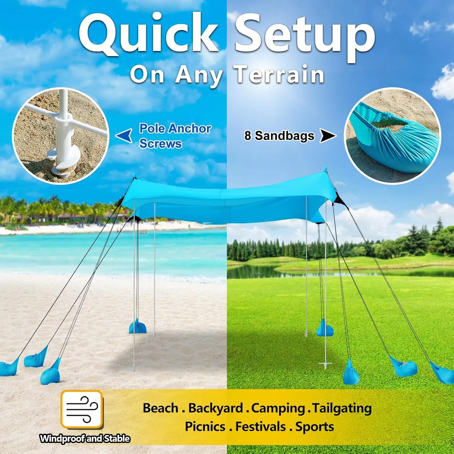 Beach Canopy Tent Sun Shade - Uboway UPF50  Protection Sun Shelter with 4-8 Sandbags, Includes Stability Poles and Big Ground Pegs, Toldo de Playa 10X10FT, Pop Up Tent for Beach or Camping, Blue