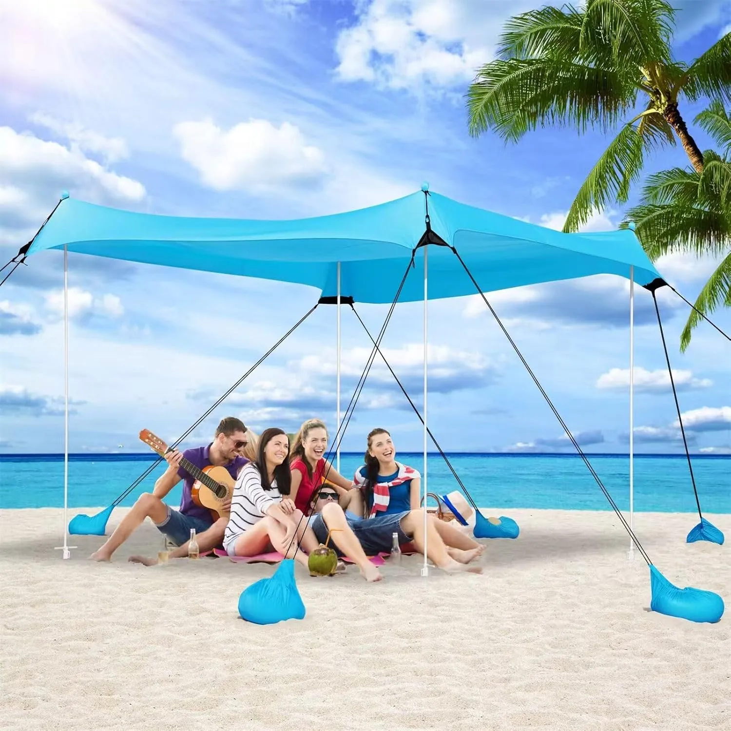Beach Canopy Tent Sun Shade - Uboway UPF50  Protection Sun Shelter with 4-8 Sandbags, Includes Stability Poles and Big Ground Pegs, Toldo de Playa 10X10FT, Pop Up Tent for Beach or Camping, Blue