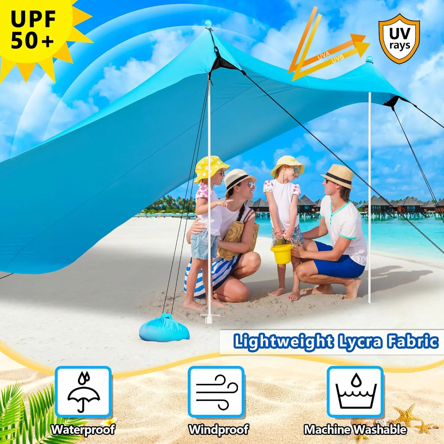 Beach Canopy Tent Sun Shade - Uboway UPF50  Protection Sun Shelter with 4-8 Sandbags, Includes Stability Poles and Big Ground Pegs, Toldo de Playa 10X10FT, Pop Up Tent for Beach or Camping, Blue