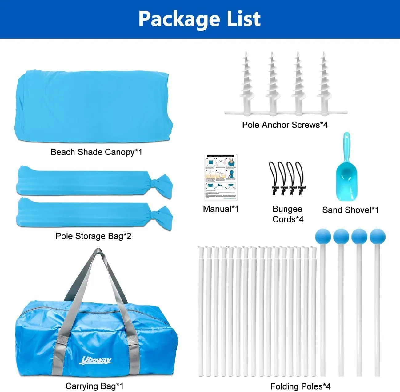 Beach Canopy Tent Sun Shade - Uboway UPF50  Protection Sun Shelter with 4-8 Sandbags, Includes Stability Poles and Big Ground Pegs, Toldo de Playa 10X10FT, Pop Up Tent for Beach or Camping, Blue
