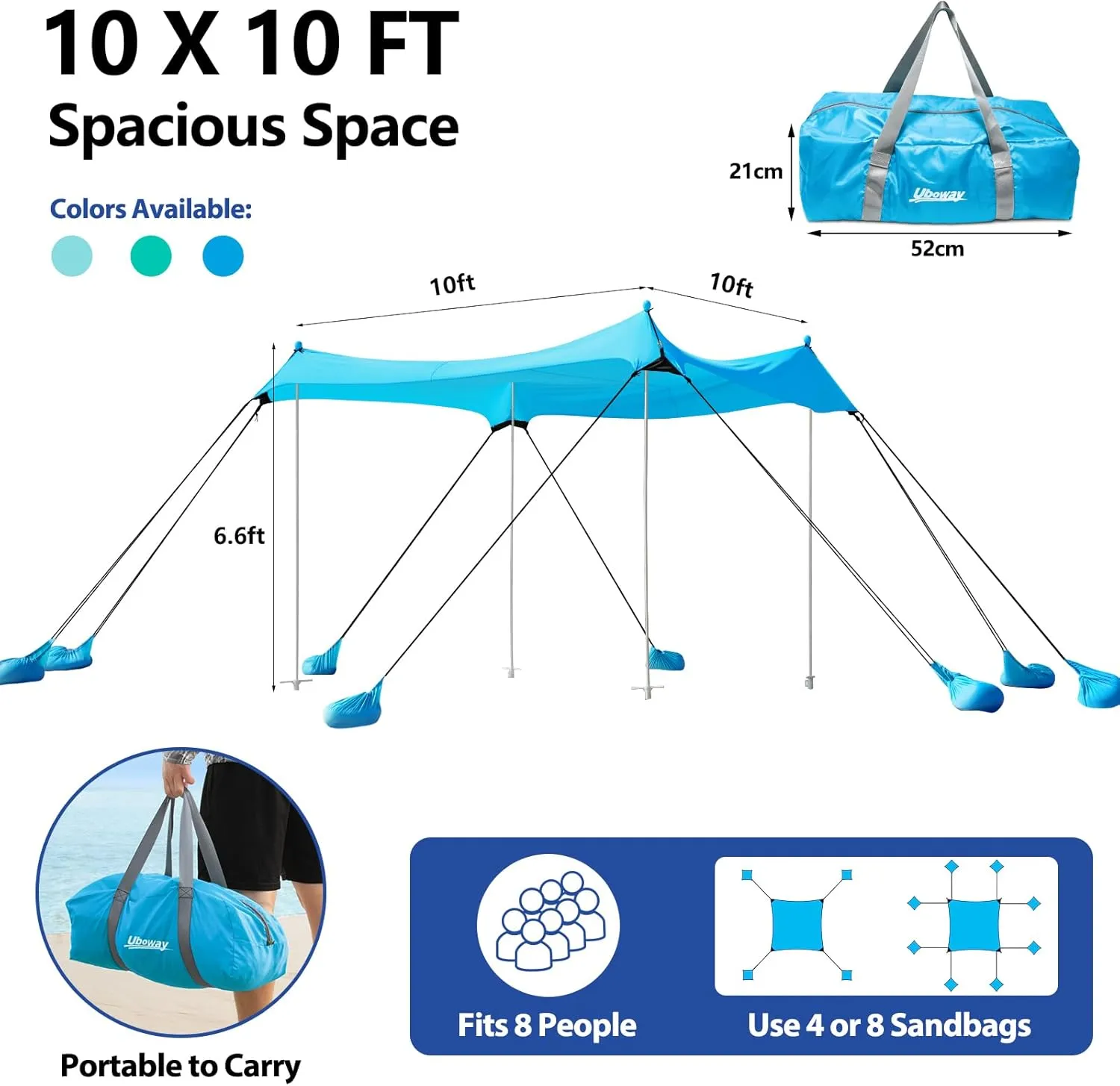 Beach Canopy Tent Sun Shade - Uboway UPF50  Protection Sun Shelter with 4-8 Sandbags, Includes Stability Poles and Big Ground Pegs, Toldo de Playa 10X10FT, Pop Up Tent for Beach or Camping, Blue