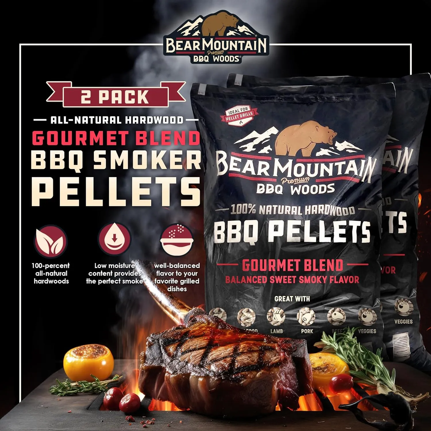 Bear Mountain 2-Pack Wood Pellets for Smoker, Grill & BBQ, 20 Lbs, Gourmet Blend - Premium Hardwood Barbecue Pellets for Indoor and Outdoor Grilling