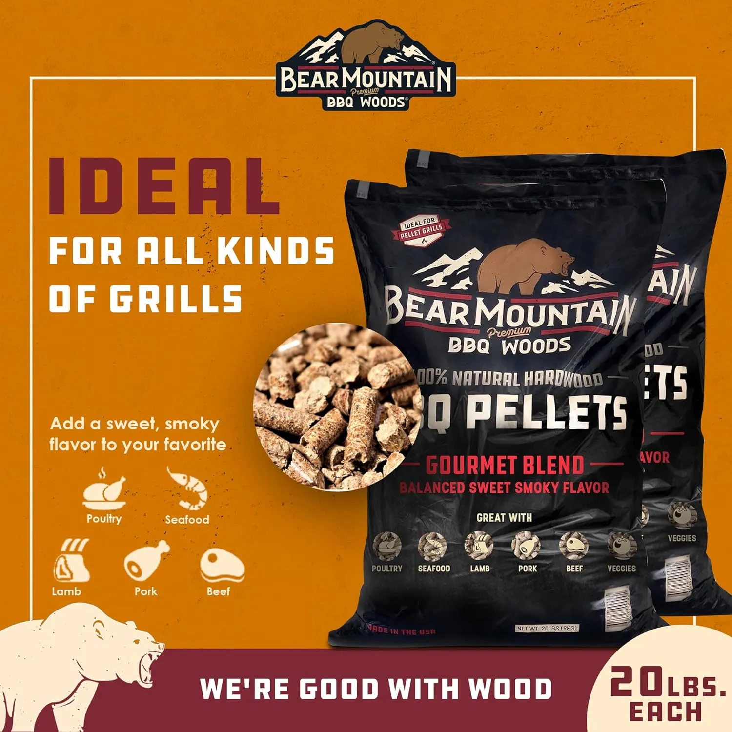 Bear Mountain 2-Pack Wood Pellets for Smoker, Grill & BBQ, 20 Lbs, Gourmet Blend - Premium Hardwood Barbecue Pellets for Indoor and Outdoor Grilling