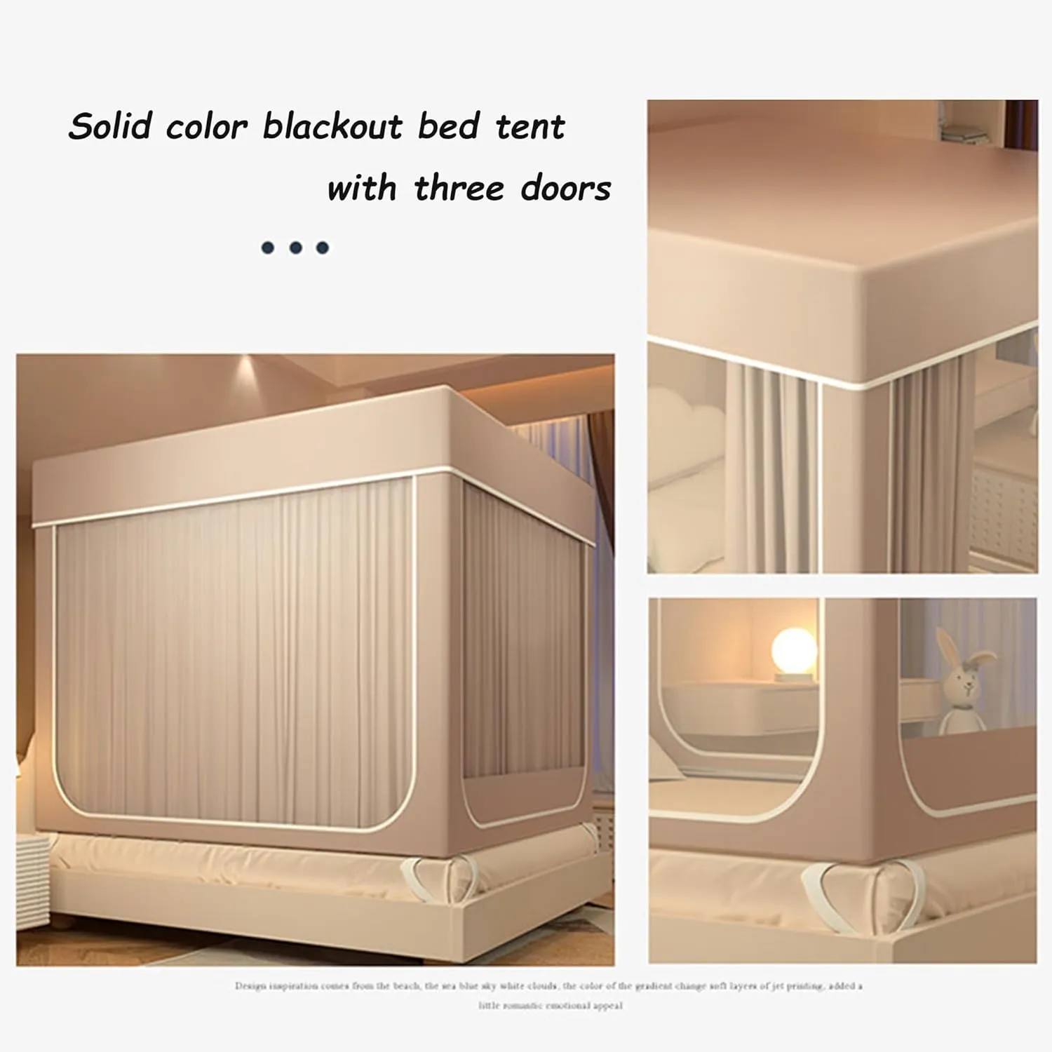 Bed Tent Dream Tents,Solid Color Light-Blocking Encrypted Breathable Yarn Canopy Bed Curtains,U-Shaped Three-Door Fully Enclosed Light Weight Big Space Tent for Bed Four Seasons(Beige,King)