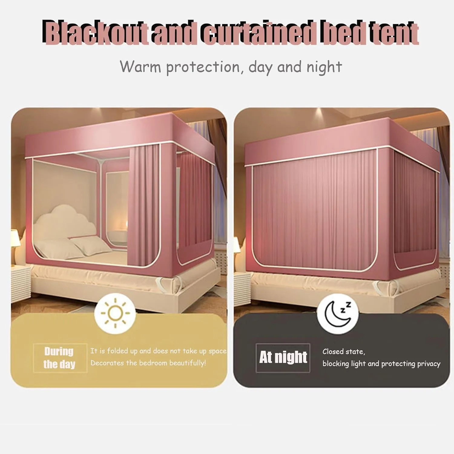 Bed Tent Dream Tents,Solid Color Light-Blocking Encrypted Breathable Yarn Canopy Bed Curtains,U-Shaped Three-Door Fully Enclosed Light Weight Big Space Tent for Bed Four Seasons(Beige,King)