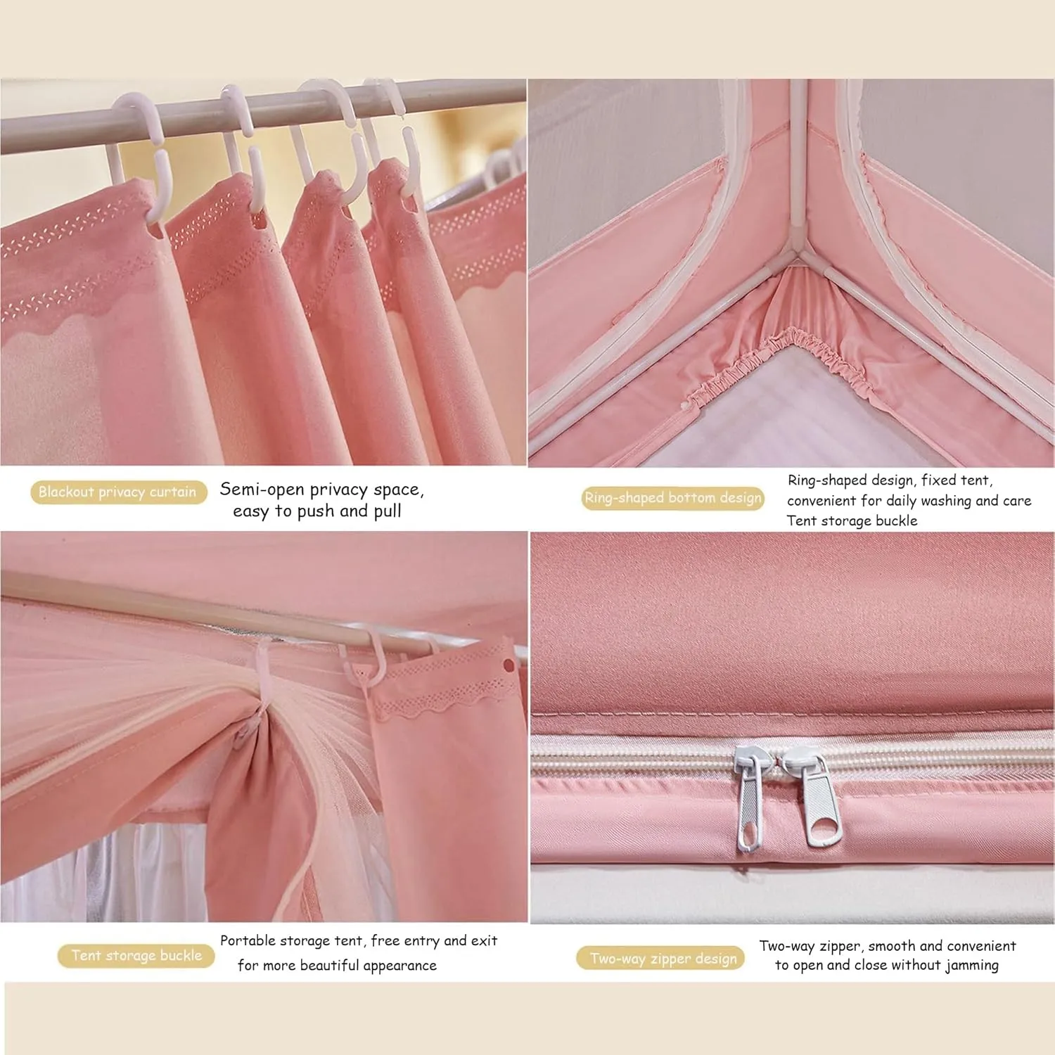 Bed Tent Dream Tents,Solid Color Light-Blocking Encrypted Breathable Yarn Canopy Bed Curtains,U-Shaped Three-Door Fully Enclosed Light Weight Big Space Tent for Bed Four Seasons(Beige,King)