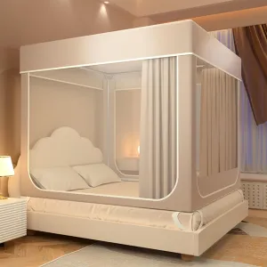 Bed Tent Dream Tents,Solid Color Light-Blocking Encrypted Breathable Yarn Canopy Bed Curtains,U-Shaped Three-Door Fully Enclosed Light Weight Big Space Tent for Bed Four Seasons(Beige,King)
