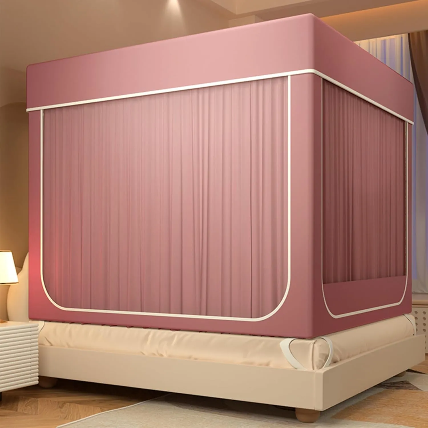 Bed Tent Dream Tents,Solid Color Light-Blocking Encrypted Breathable Yarn Canopy Bed Curtains,U-Shaped Three-Door Fully Enclosed Light Weight Big Space Tent for Bed Four Seasons(Beige,King)