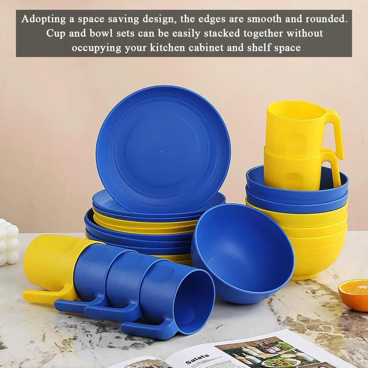 Berglander Plastic Dinnerware Sets 24pcs Service for 6, UKR Color Reusable Plates and Bowls Sets, Dish Set Include Dinner Plates, Dessert Plate, Cereal Bowls, Cups for Home, Garden, Picnic, Camping