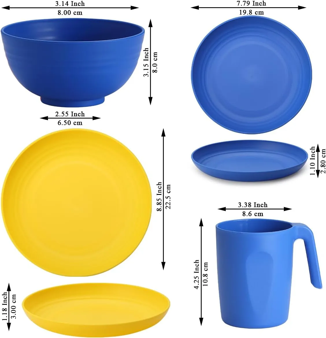 Berglander Plastic Dinnerware Sets 24pcs Service for 6, UKR Color Reusable Plates and Bowls Sets, Dish Set Include Dinner Plates, Dessert Plate, Cereal Bowls, Cups for Home, Garden, Picnic, Camping