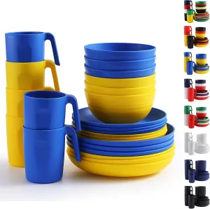 Berglander Plastic Dinnerware Sets 24pcs Service for 6, UKR Color Reusable Plates and Bowls Sets, Dish Set Include Dinner Plates, Dessert Plate, Cereal Bowls, Cups for Home, Garden, Picnic, Camping