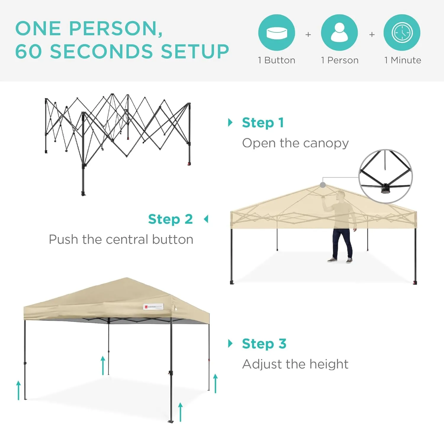 Best Choice Products 10x10ft 1-Person Setup Pop Up Canopy Tent Instant Portable Shelter w/ 1-Button Push, Case, 4 Weight Bags - Sand