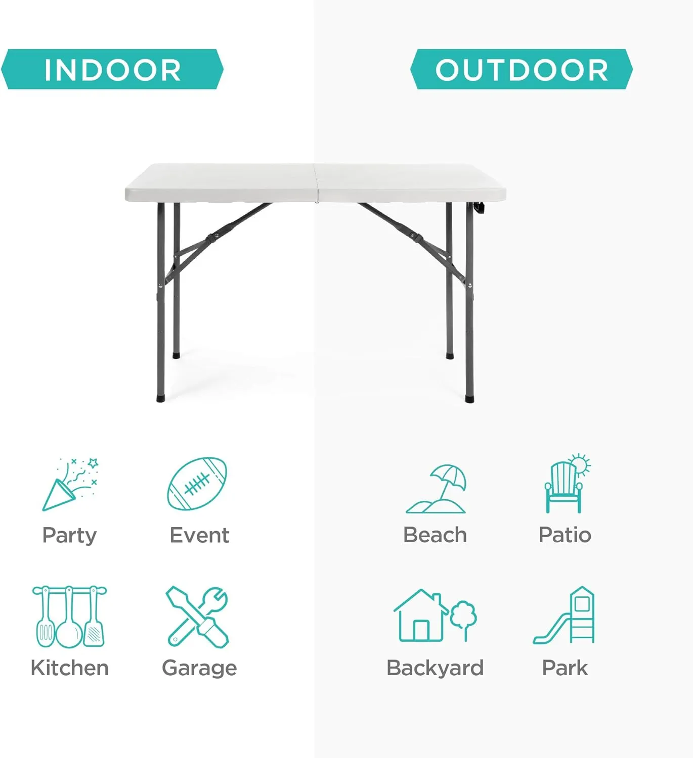 Best Choice Products 4ft Plastic Folding Table, Indoor Outdoor Heavy Duty Portable w/Handle, Lock for Picnic, Party, Camping - White