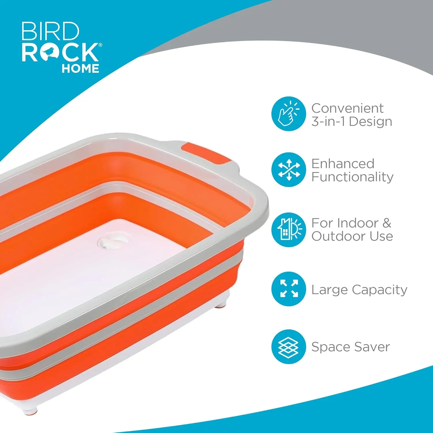 BIRDROCK HOME Collapsible Large BBQ Prep Tub w/Cutting Board, Multi-Function Grill Caddy w/Colander & Lid, Portable Silicone Dish Bowl for Picnic, Tailgate, Camping - Orange