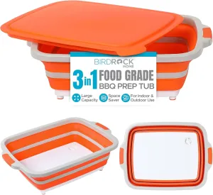 BIRDROCK HOME Collapsible Large BBQ Prep Tub w/Cutting Board, Multi-Function Grill Caddy w/Colander & Lid, Portable Silicone Dish Bowl for Picnic, Tailgate, Camping - Orange