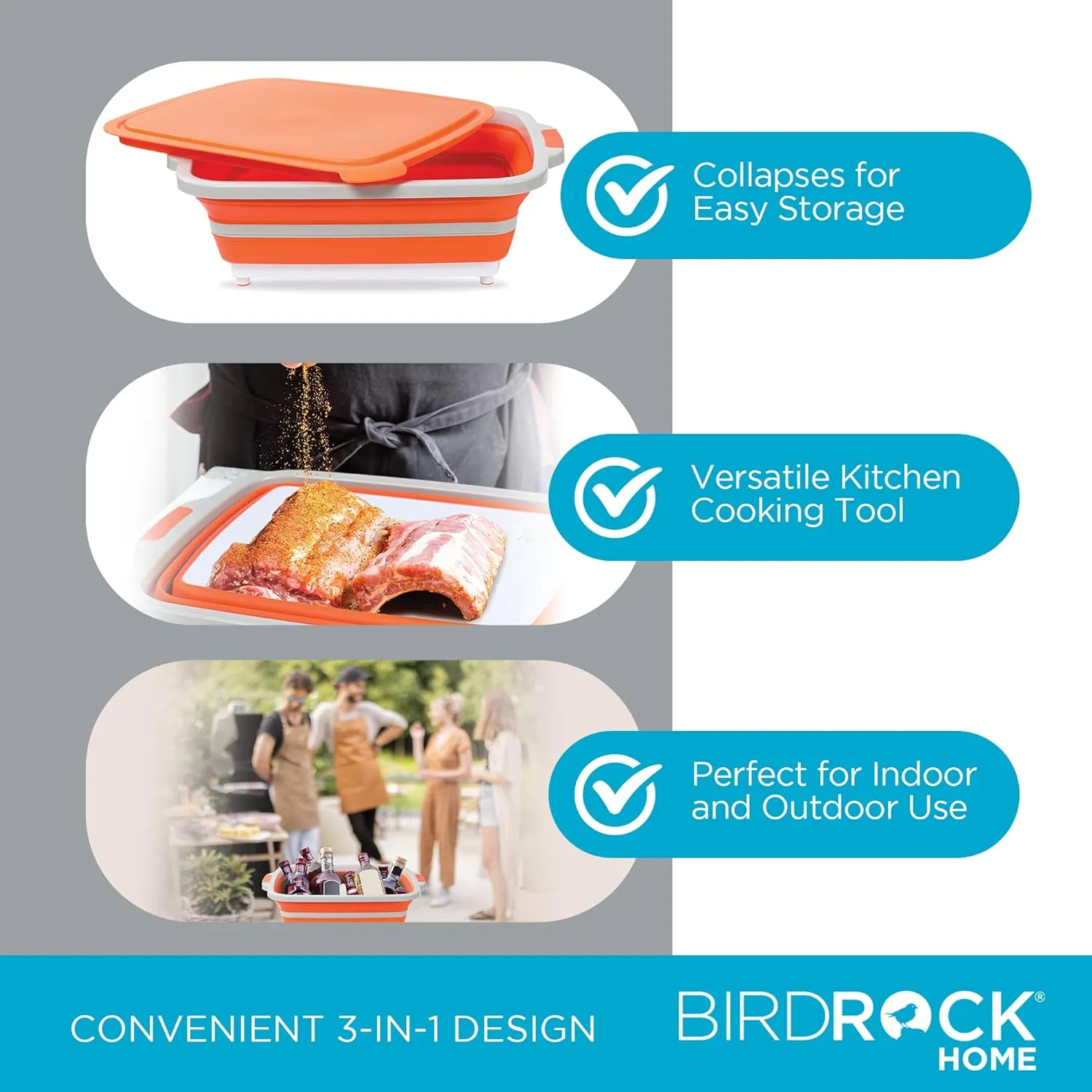 BIRDROCK HOME Collapsible Large BBQ Prep Tub w/Cutting Board, Multi-Function Grill Caddy w/Colander & Lid, Portable Silicone Dish Bowl for Picnic, Tailgate, Camping - Orange