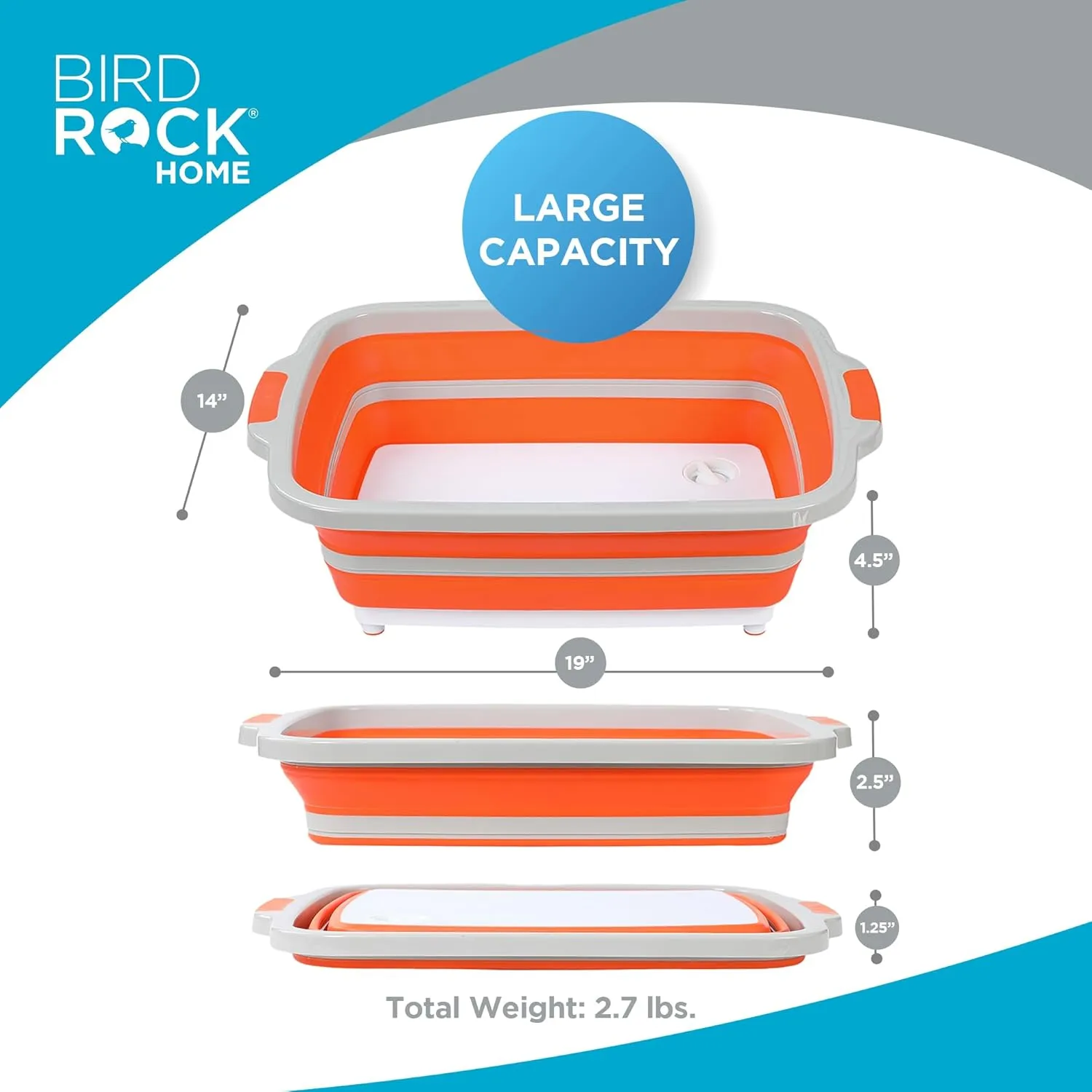 BIRDROCK HOME Collapsible Large BBQ Prep Tub w/Cutting Board, Multi-Function Grill Caddy w/Colander & Lid, Portable Silicone Dish Bowl for Picnic, Tailgate, Camping - Orange
