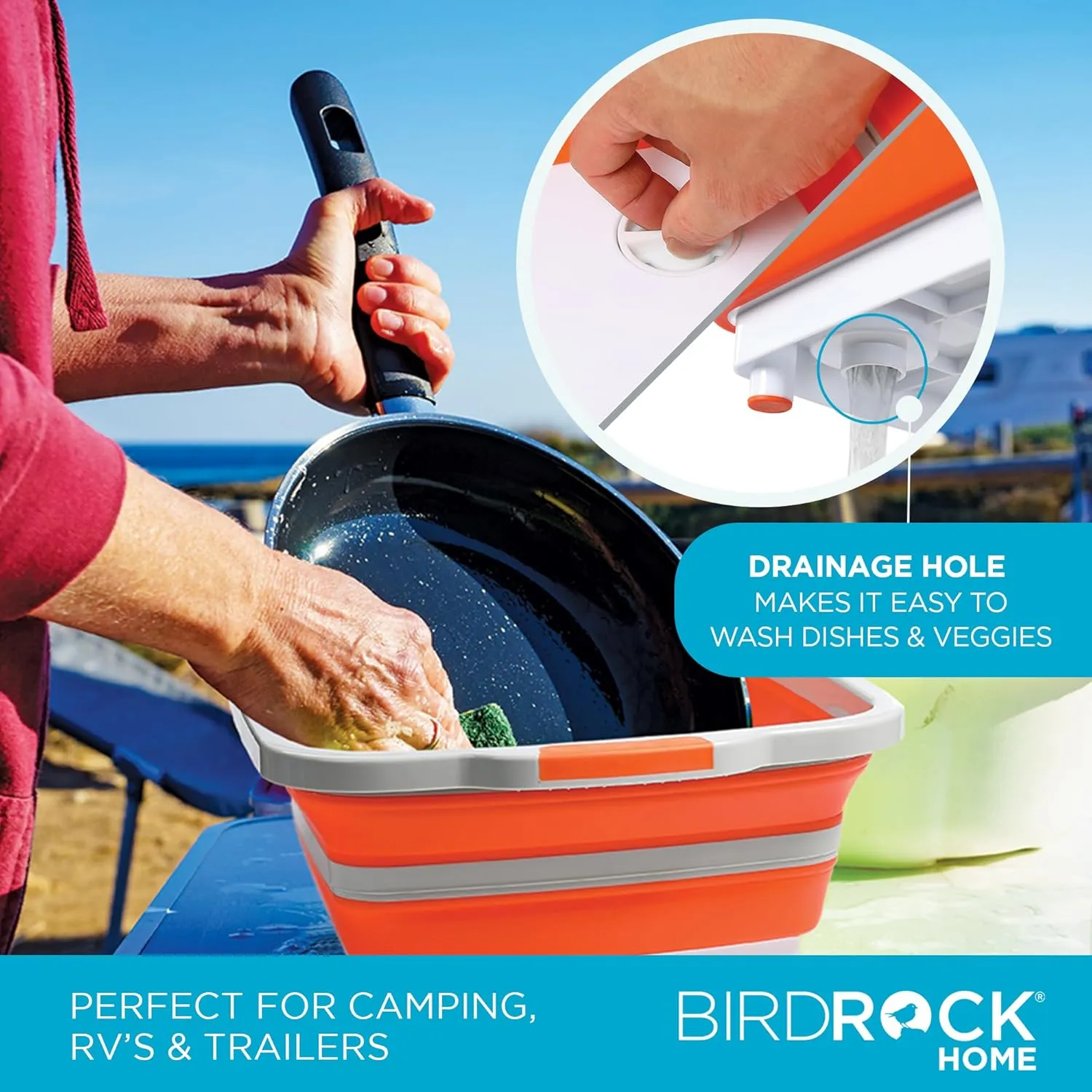 BIRDROCK HOME Collapsible Large BBQ Prep Tub w/Cutting Board, Multi-Function Grill Caddy w/Colander & Lid, Portable Silicone Dish Bowl for Picnic, Tailgate, Camping - Orange