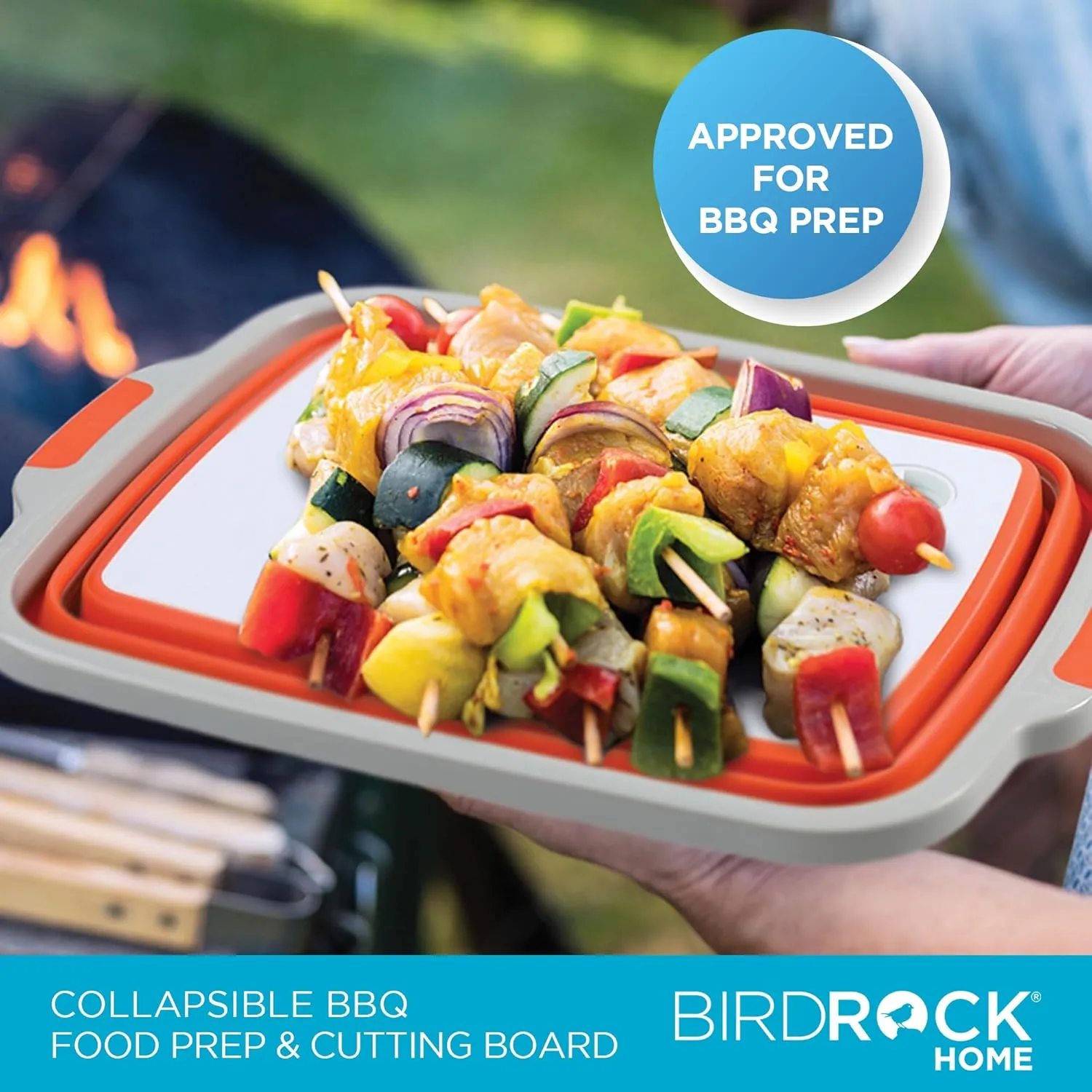 BIRDROCK HOME Collapsible Large BBQ Prep Tub w/Cutting Board, Multi-Function Grill Caddy w/Colander & Lid, Portable Silicone Dish Bowl for Picnic, Tailgate, Camping - Orange