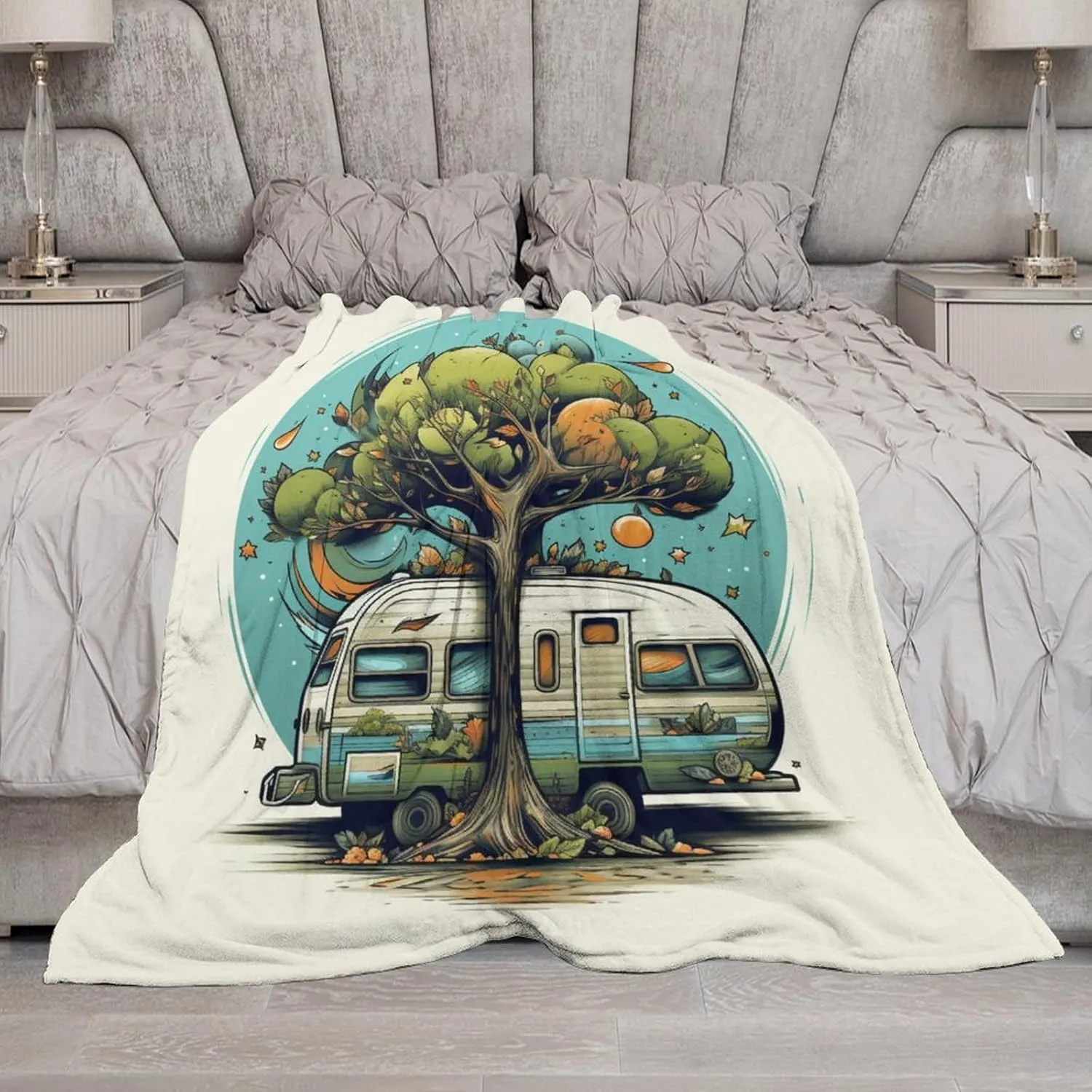 Blanket Camper Morden Trailer Travel with Tree Throw Blanket Camper Vintage Wood Ultra-Soft Micro Fleece and Warm Cozy Lightweight Throw Blankets Couch Sofa Throw Blanket Gift Idea 40"x50"