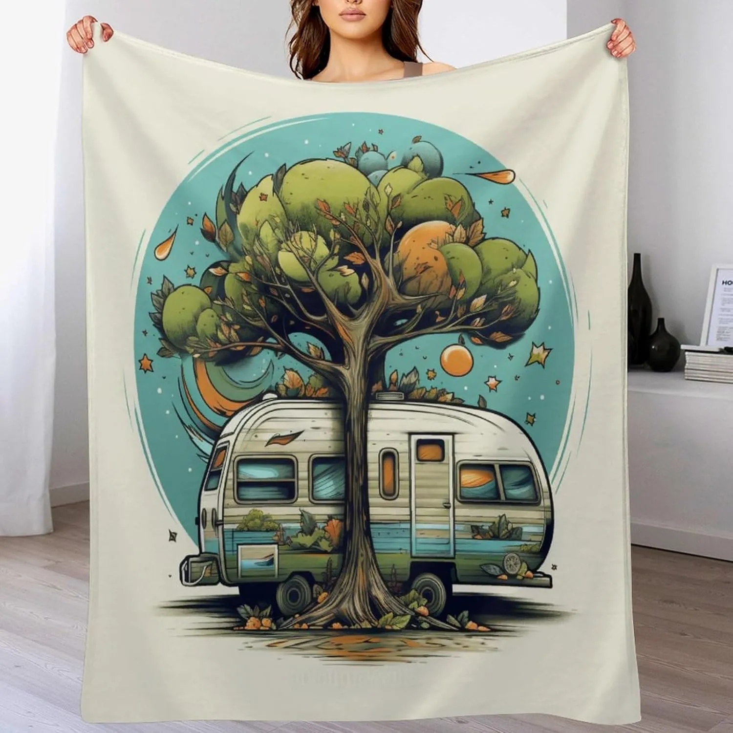 Blanket Camper Morden Trailer Travel with Tree Throw Blanket Camper Vintage Wood Ultra-Soft Micro Fleece and Warm Cozy Lightweight Throw Blankets Couch Sofa Throw Blanket Gift Idea 40"x50"