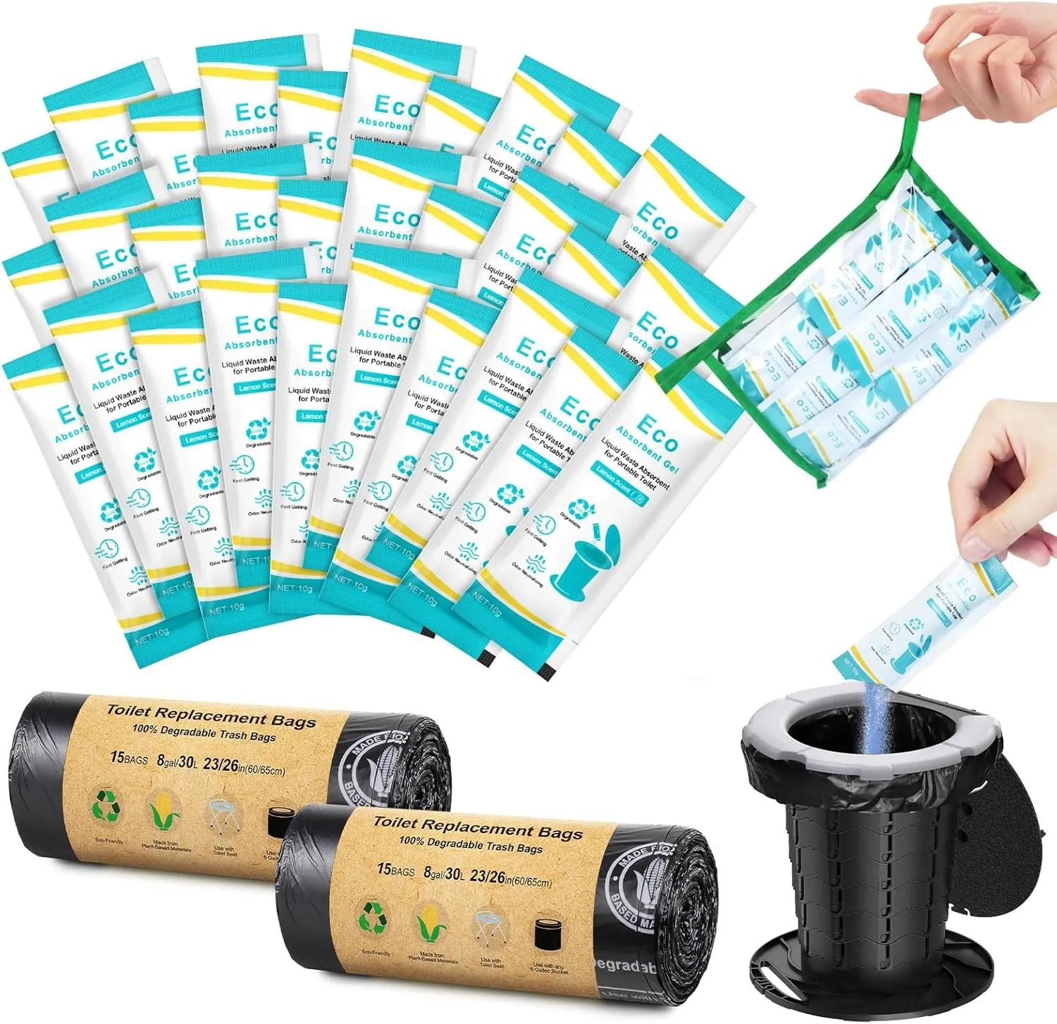 BLIKA Camping Toilet Bags Eco Absorbent Gel Set, Portable Toilet Bags with Gel, 8 Gallon, 30 Liter, Heavy Duty 1 Mil, Toilet Replacement Bags with Toilet Powder for Camping Outdoor Hiking