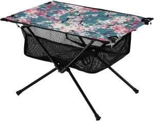 Blue Cherry Blossoms Folding Portable Camping Table for Men and Women Sturdy Beach Table with A Hanging Mesh Bag Easy to Assemble Camping Essentials for Travel Beach Cooking Picnic