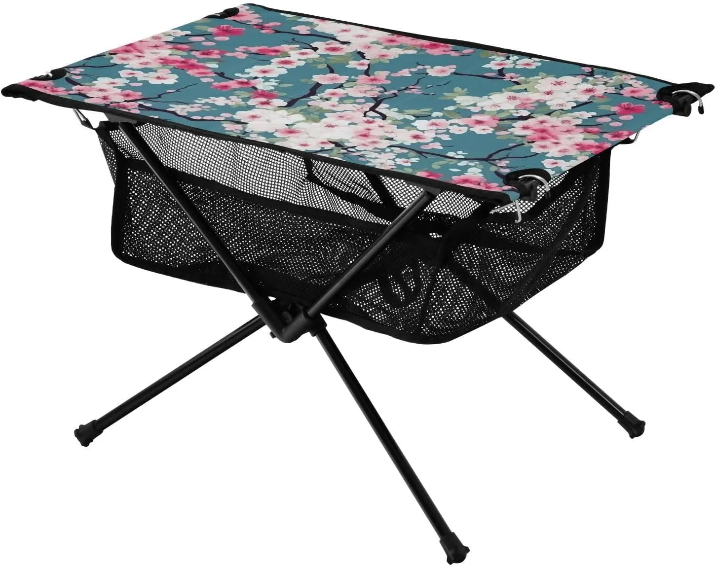 Blue Cherry Blossoms Folding Portable Camping Table for Men and Women Sturdy Beach Table with A Hanging Mesh Bag Easy to Assemble Camping Essentials for Travel Beach Cooking Picnic