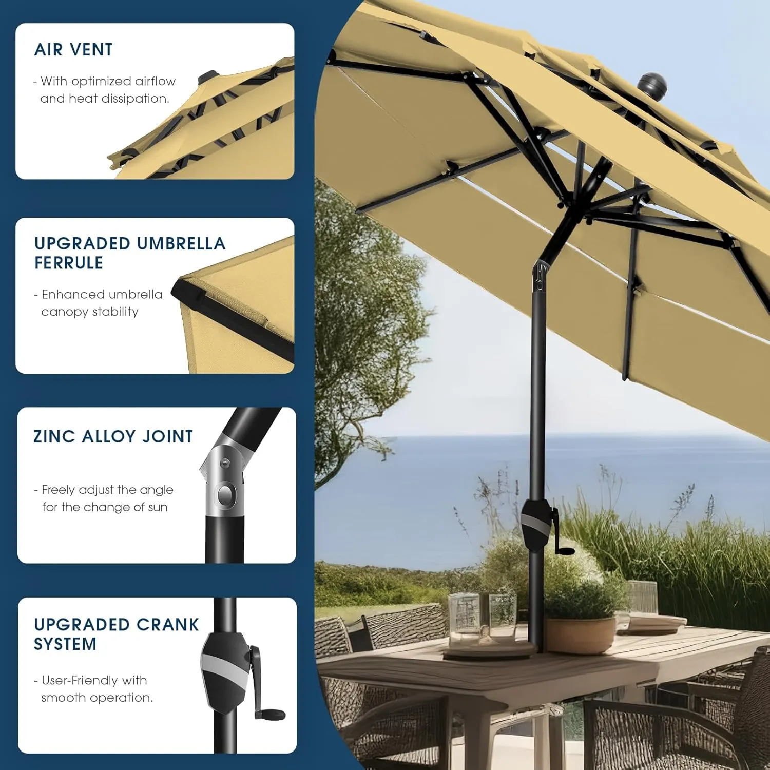 BLUU 3 Tiers Sunbrella Umbrella Market Table Sun Umbrella Aluminum Patio Umbrella with Cover