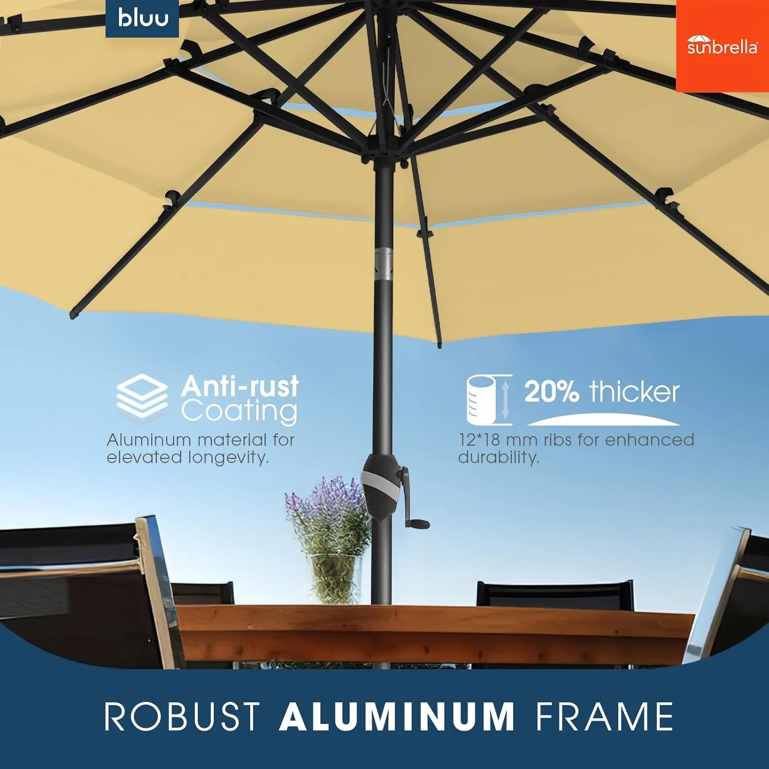 BLUU 3 Tiers Sunbrella Umbrella Market Table Sun Umbrella Aluminum Patio Umbrella with Cover