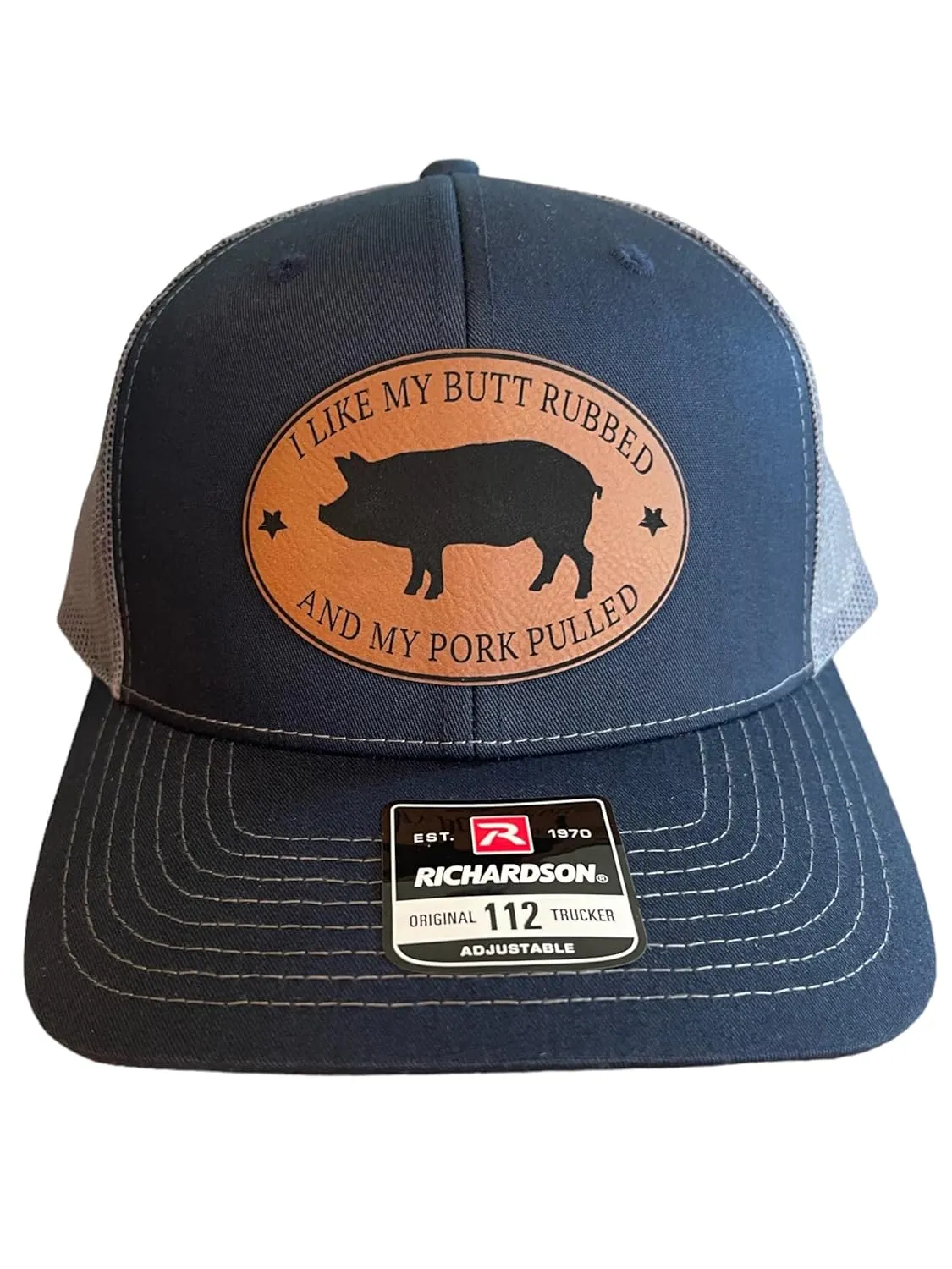 BUBBLEHEAD INK Handmade Grill Master Trucker Hat For Men, BBQ Apparel, Gift For Meat Smoker, Funny Snapback With Adult Sayings, I Like My Butt Rubbed And My Pork Pulled (Navy/Charcoal)