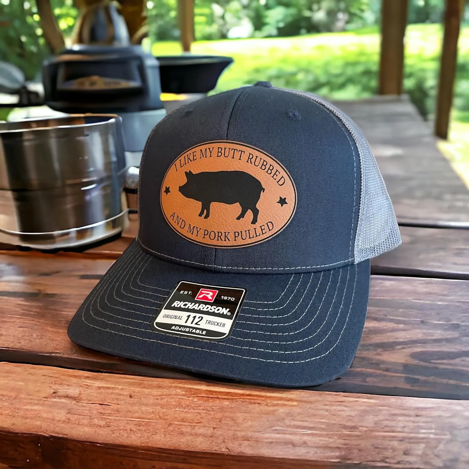 BUBBLEHEAD INK Handmade Grill Master Trucker Hat For Men, BBQ Apparel, Gift For Meat Smoker, Funny Snapback With Adult Sayings, I Like My Butt Rubbed And My Pork Pulled (Navy/Charcoal)