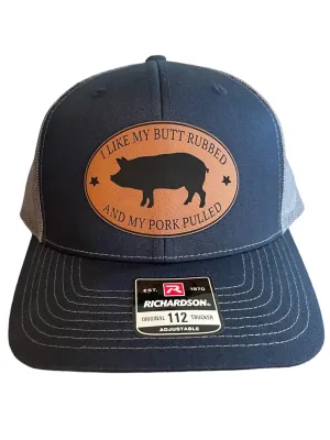 BUBBLEHEAD INK Handmade Grill Master Trucker Hat For Men, BBQ Apparel, Gift For Meat Smoker, Funny Snapback With Adult Sayings, I Like My Butt Rubbed And My Pork Pulled (Navy/Charcoal)