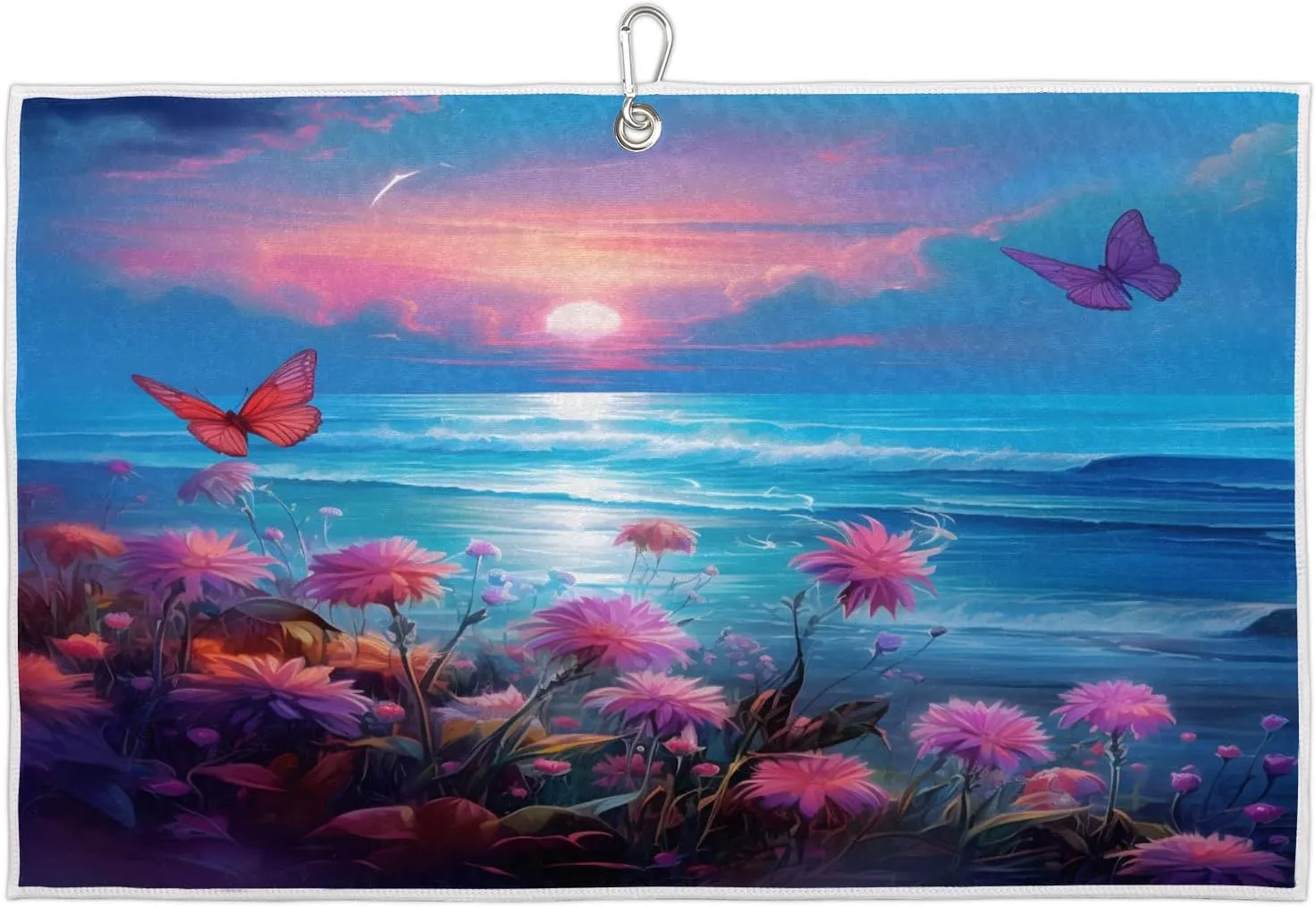Butterfly Flower Night Scene Golf Towel with Heavy Duty Carabiner Ultra Absorbent Quick Dry Perfect for Cleaning Clubs Balls Gear Essential Golf Accessory for Men Women Kids