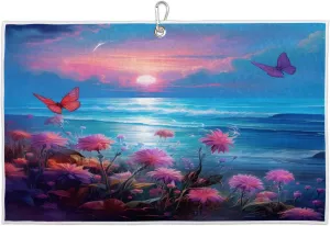 Butterfly Flower Night Scene Golf Towel with Heavy Duty Carabiner Ultra Absorbent Quick Dry Perfect for Cleaning Clubs Balls Gear Essential Golf Accessory for Men Women Kids